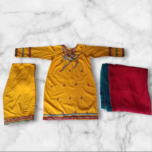 Traditional Embroidered Linen Yellow Three-Piece Suit